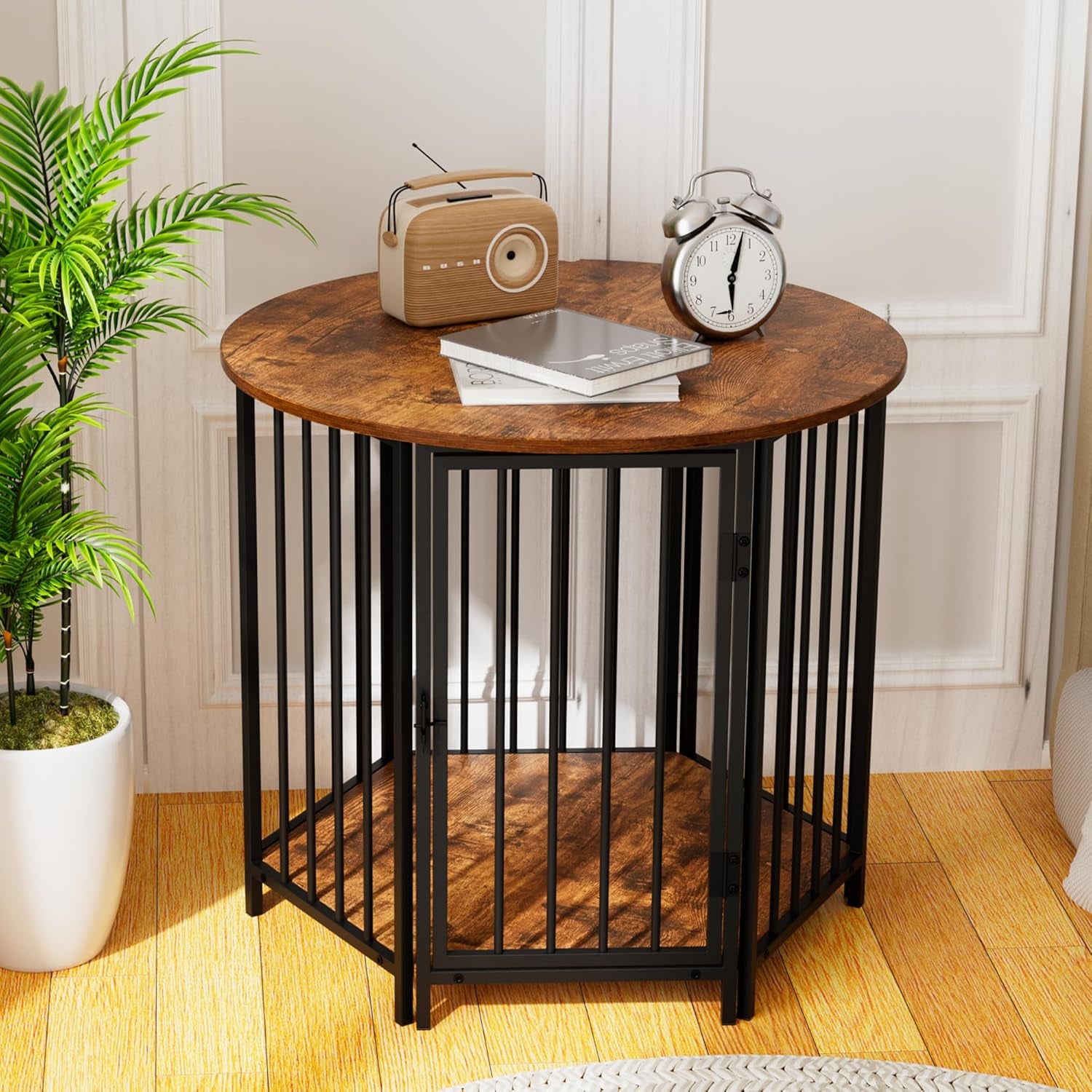 Dog Crate Furniture, Hexagonal Wooden Pet House Dog Crate End Table, Indoor Decorative Dog Kennel Furniture, for Small and Medium Dogs, Cute Dog Cage Furniture, Rustic Brown
