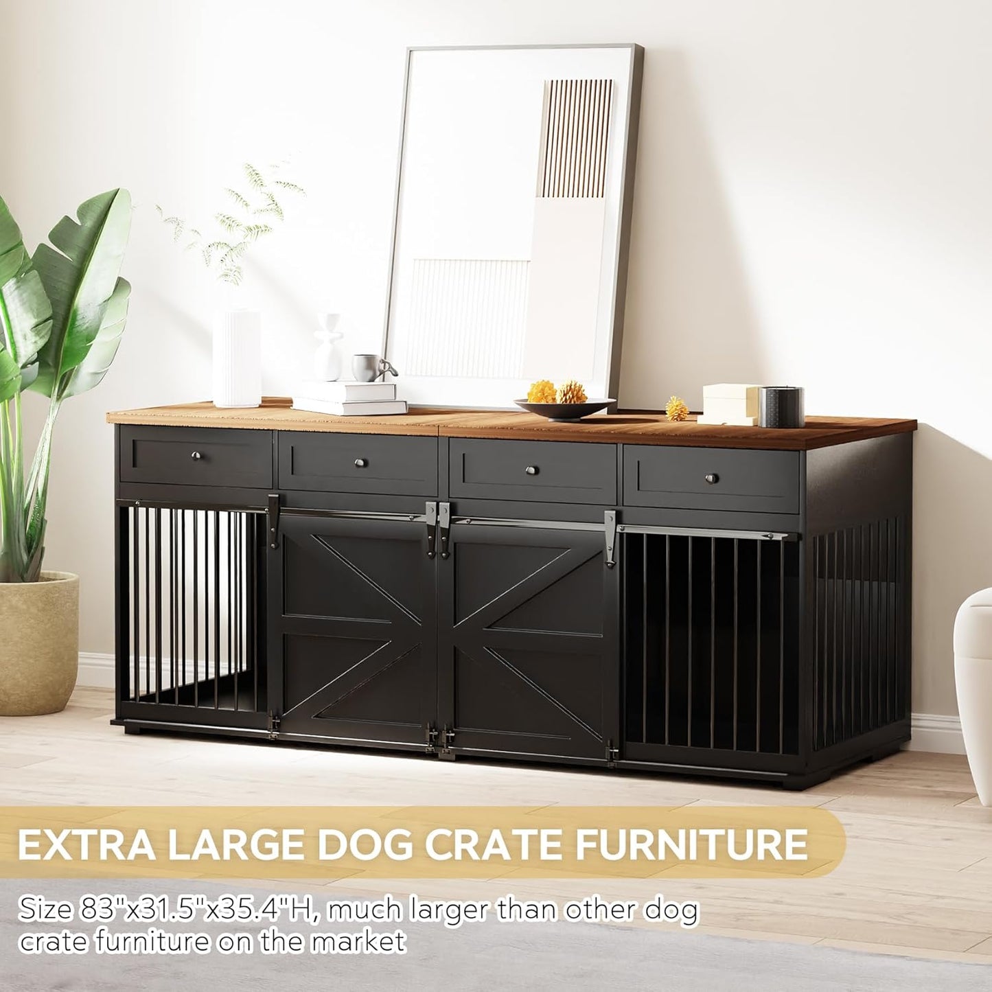Furniture Style Dog Crate - 83" L Super Large Wooden Dog Kennel Furniture with 4 Drawers & 2 Sliding Barn Doors - for Small Medium Large Dogs, Black