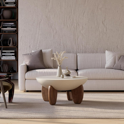 round Concrete Coffee Table with Premium Walnut Ash Wood Legs, Modern Minimalist Cement Finish Center Table for Living Room