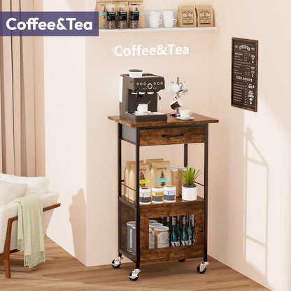 Buffets Coffee Bar Cabinet - Rolling Kitchen Rack, Farmhouse Small Coffee Stand with Storage Drawer and Door Cabinet - Kitchen Microwave Stand for Apartment, Living Room, Entryway, Espresso