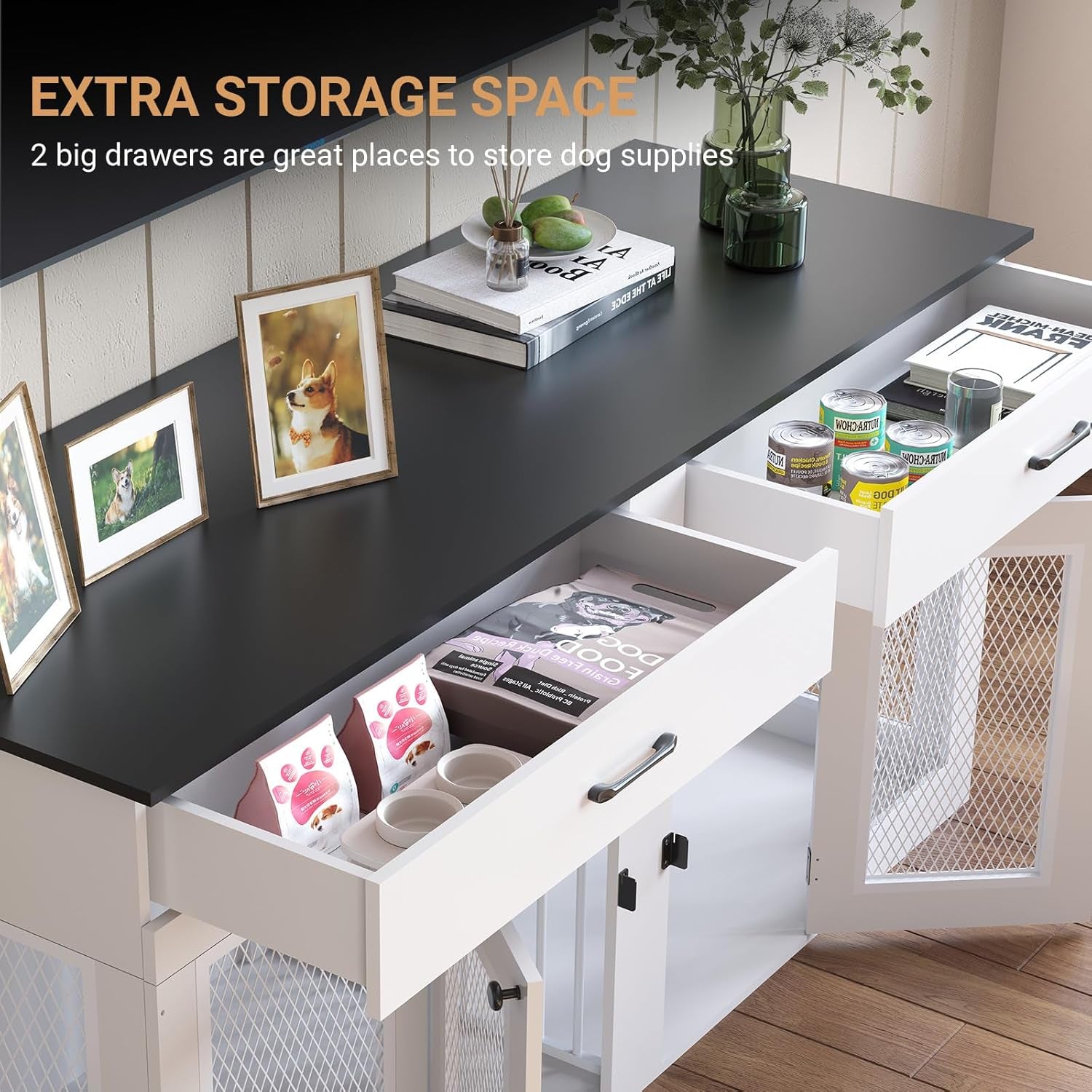 71 Inch Dog Crate Furniture for 2 Dogs，Xxl Thick Wooden Double Kennel TV Stand W/Removable Divider - Heavy Duty Indoor Cage for Large Breeds (Gray, 71L* 23.6W* 33.5" H)