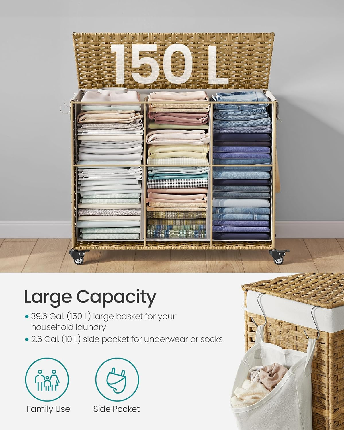 Laundry Hamper with Lid, 42.3 Gallons (160 L), Rolling Laundry Basket with Wheels, 3-Section Synthetic Rattan, Removable Liner, Bedroom, 29.9 X 13 X 26 Inches, Natural ULCB365N01