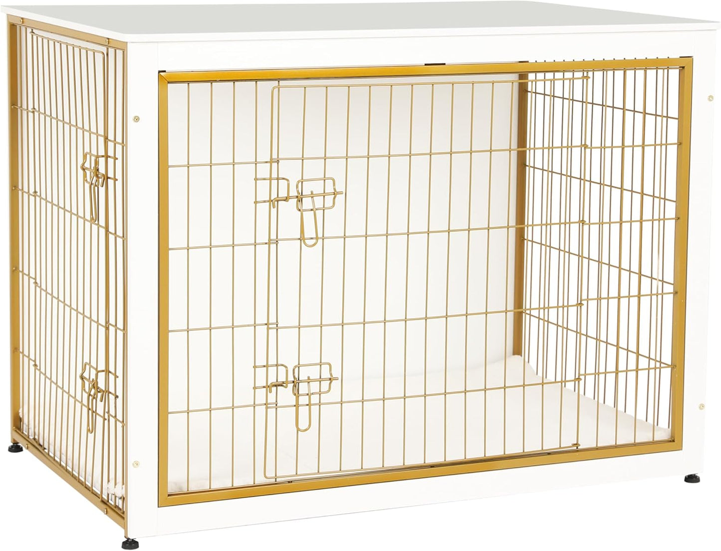 Dog Crate Furniture with Cushion, Wooden Kennel Table with Double Doors, Indoor Dog House, Extra Large Size, 43.3" L, White+Gold