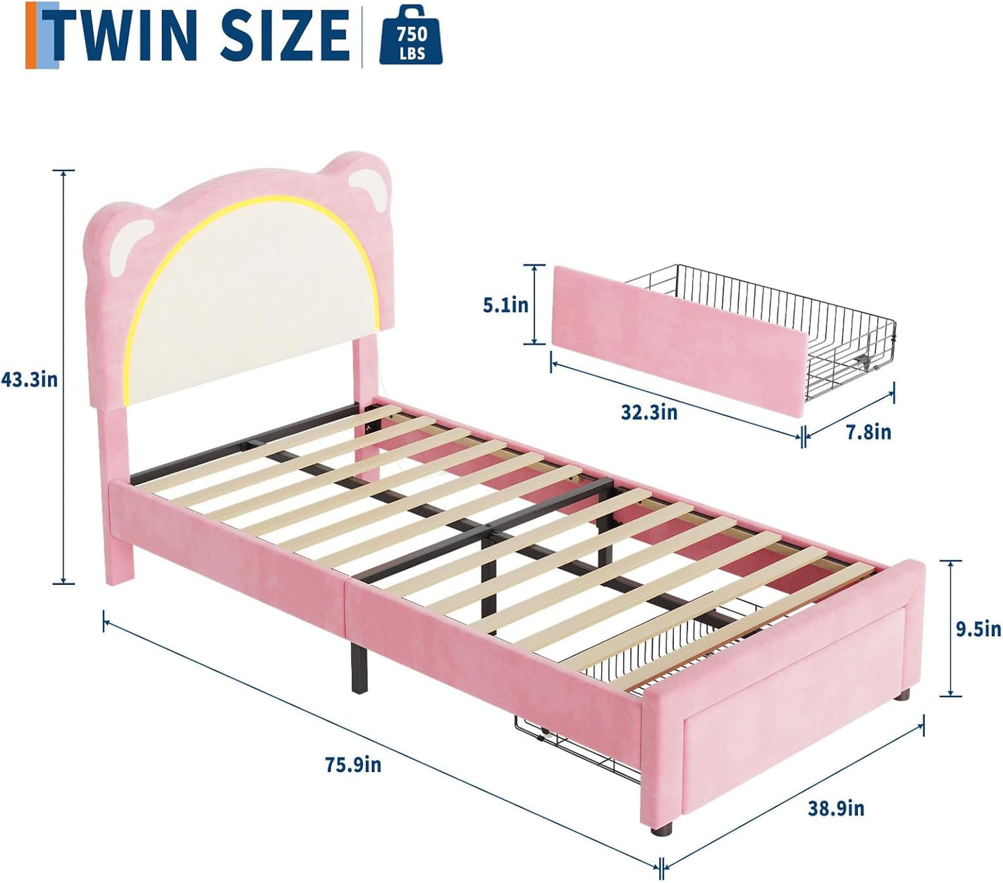 Twin Size LED Bed Frame with Storage Drawers,Adjustable Headboard with Cute Bear Design,Soft Velvet Fabric Bed Frame for Kids,Solid Wood Slat Support,Noise-Free,Easy Assembly,Pink