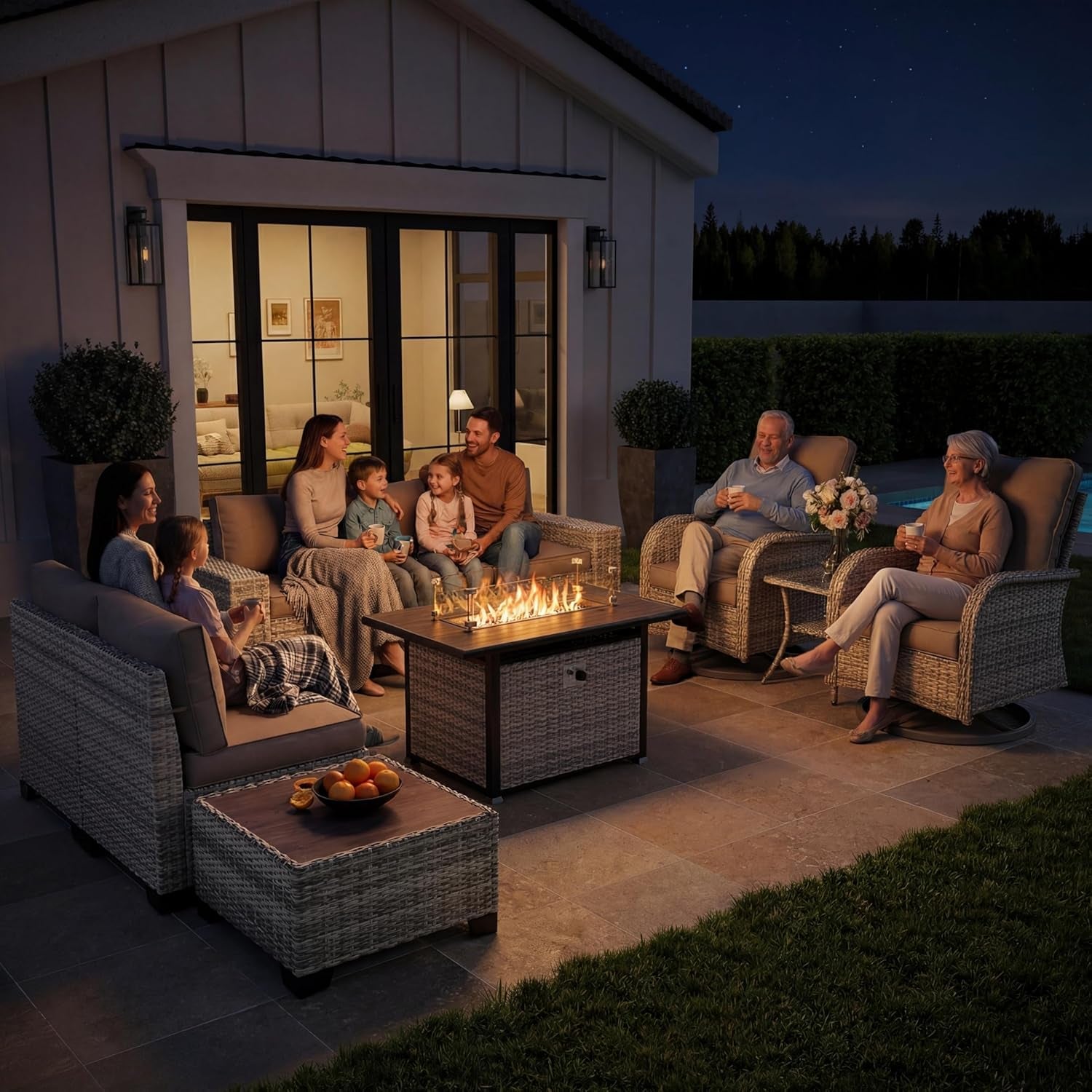 10-Piece Outdoor Patio Furniture Set with Rocking Swivel Chair, PE Wicker Rattan Sectional Sofa Patio Conversation Set with 55,000 BTU Fire Pit Table & Coffee Table, Grey