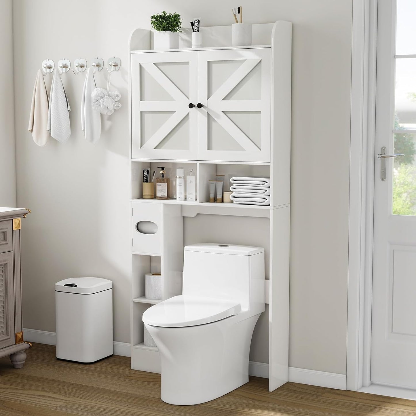Over the Toilet Storage Cabinet with Farmhouse Barn Doors and Adjustable Shelves, Freestanding Bathroom Organizer with Toilet Paper Holder, Wood Space Saver for Small Restroom & Laundry Room, White