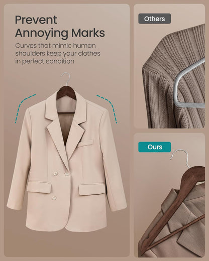Wooden Hangers, Pack of 30, Coat Hangers, Pants Bar, 360° Swivel Hooks, Solid Birch Wood, Space Saving, for Jackets, Shirts, Coats, Walnut Brown UCRW030K02
