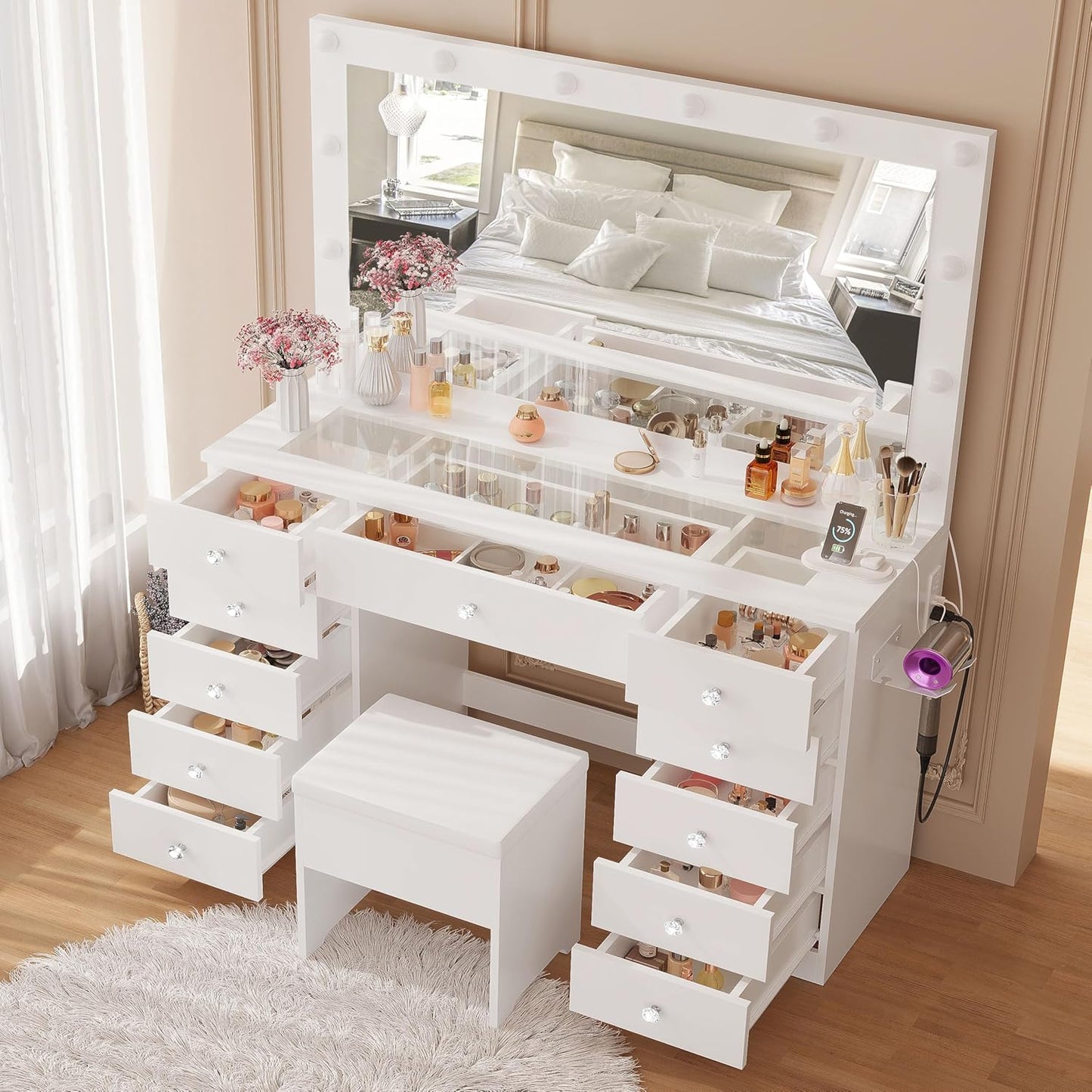 46'' Makeup Vanity Set with LED Mirror & Power Outlet - 11 Drawers, Glass Top, Dressing Table with Storage Bench for Bedroom, 3 Lighting Color Adjustable, White