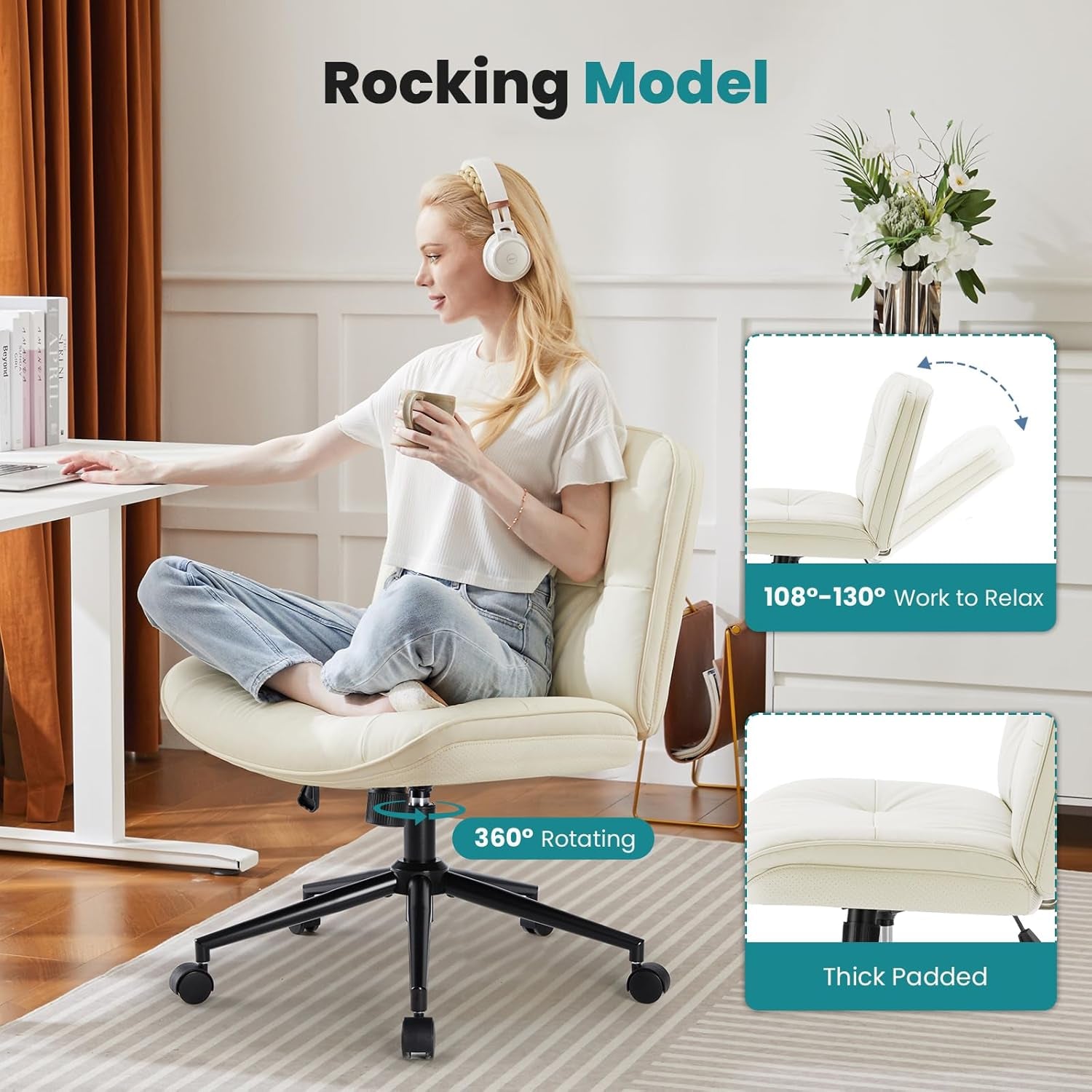 Criss Cross Chair with Wheels, Armless Wide Cross Legged Vanity Office Desk Chair with Comfy PU Leather& Back - Swivel for Home Office Bedroom, Beige