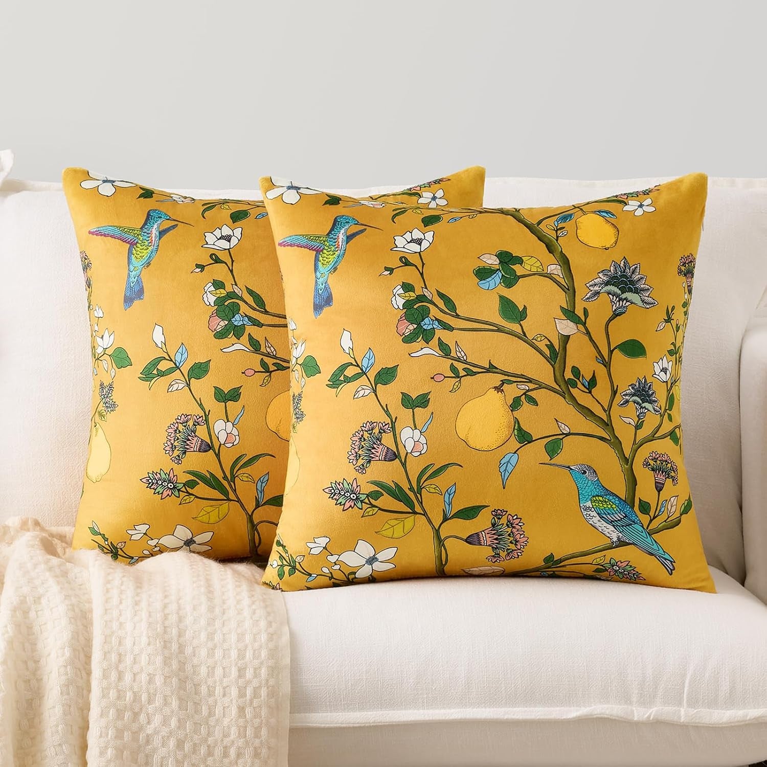 Mustard Yellow Floral Pillow Covers 18X18 Set of 2, Velvet Wild Flower Plant Throw Pillows Case, Square Farmhouse Decor Cushion Covers for Home Sofa Bed Couch