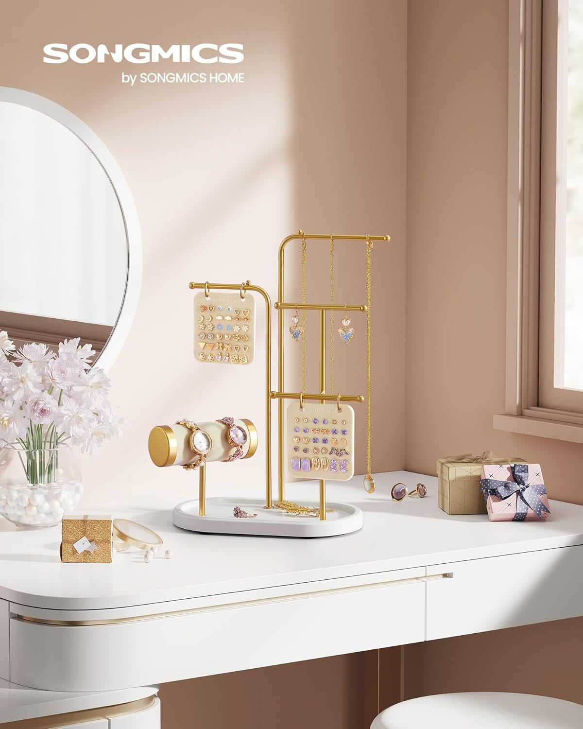 Jewelry Stand, Jewelry Organizer, Jewelry Display Holder with Metal Frame, 2 Earring Boards, 4 Hanging Rods, Necklace Earring Bracelet Holder, for Watches, Metallic Gold UJJS025A01