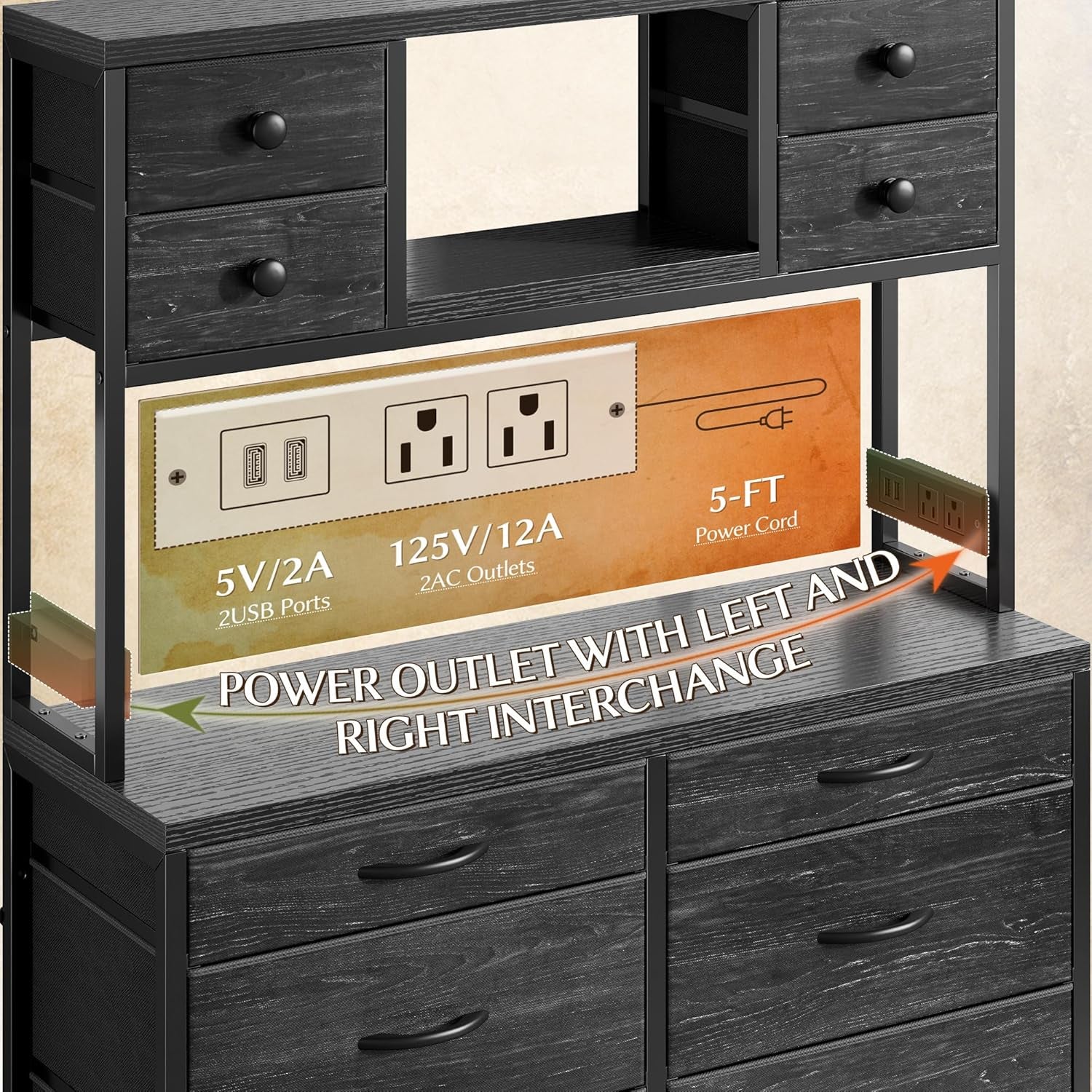 Black Dresser with 14 Fabric Drawers, Dresser for Bedroom with Charging Station and LED Lights,Dressers & Chests of Drawers for Bedroom, Steel Frame & Wooden Top, Entryway