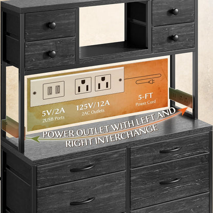 Black Dresser with 14 Fabric Drawers, Dresser for Bedroom with Charging Station and LED Lights,Dressers & Chests of Drawers for Bedroom, Steel Frame & Wooden Top, Entryway