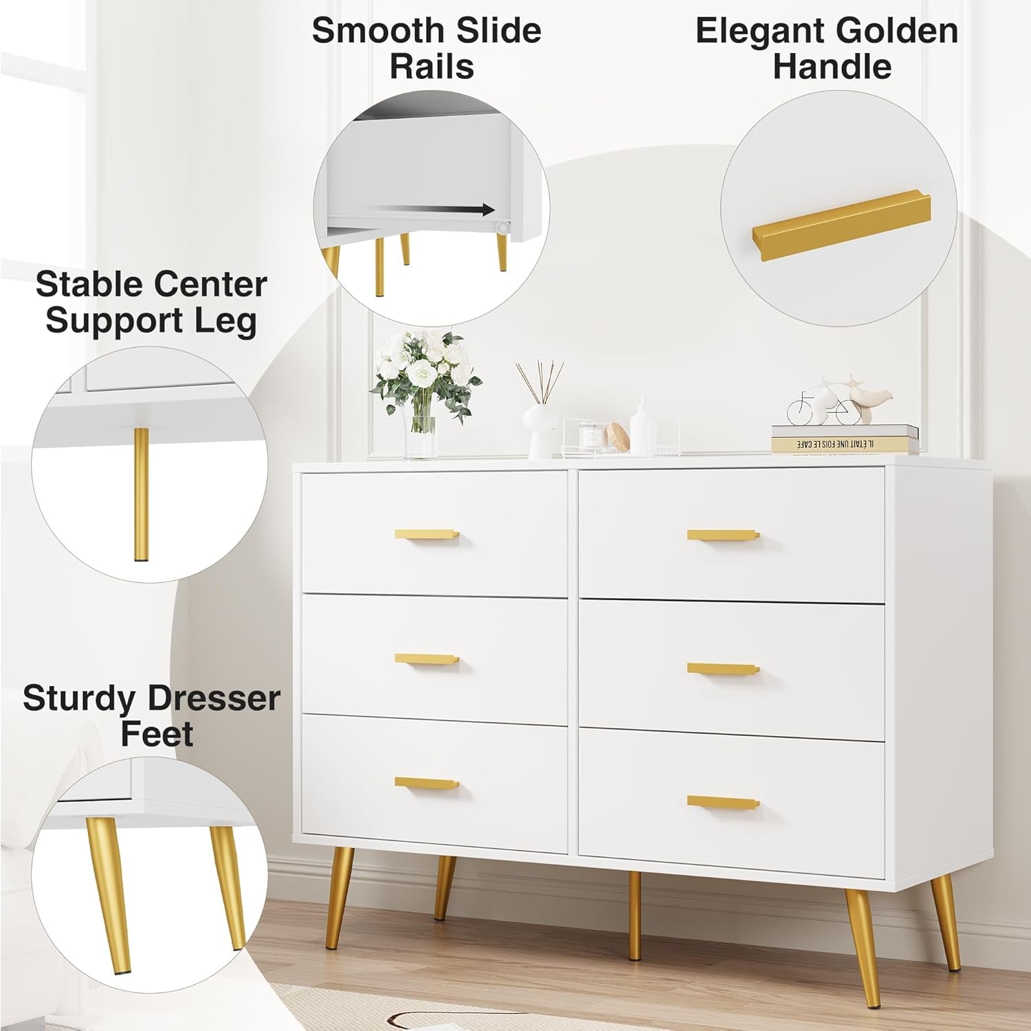 6 Drawer Dresser, Modern Wooden Chest of Drawers with Gold Handles, Deep Drawers for Bedroom, Living Room and Entryway, White