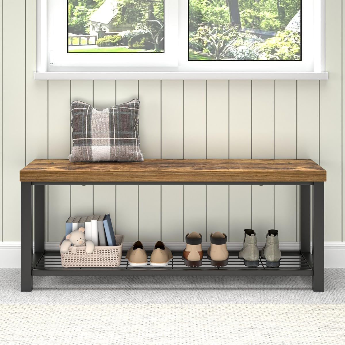 Entryway Bench, Modern Wood and Metal Storage Bench for Hallway Front Door Entrance, Industrial Indoor Shoe Rack Bench Seat for Living Room Bedroom, 43.3 Inch Rustic Brown