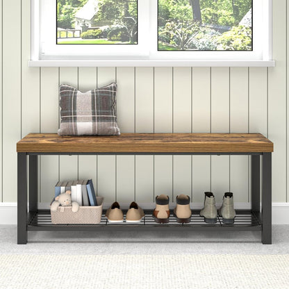 Entryway Bench, Modern Wood and Metal Storage Bench for Hallway Front Door Entrance, Industrial Indoor Shoe Rack Bench Seat for Living Room Bedroom, 43.3 Inch Rustic Brown