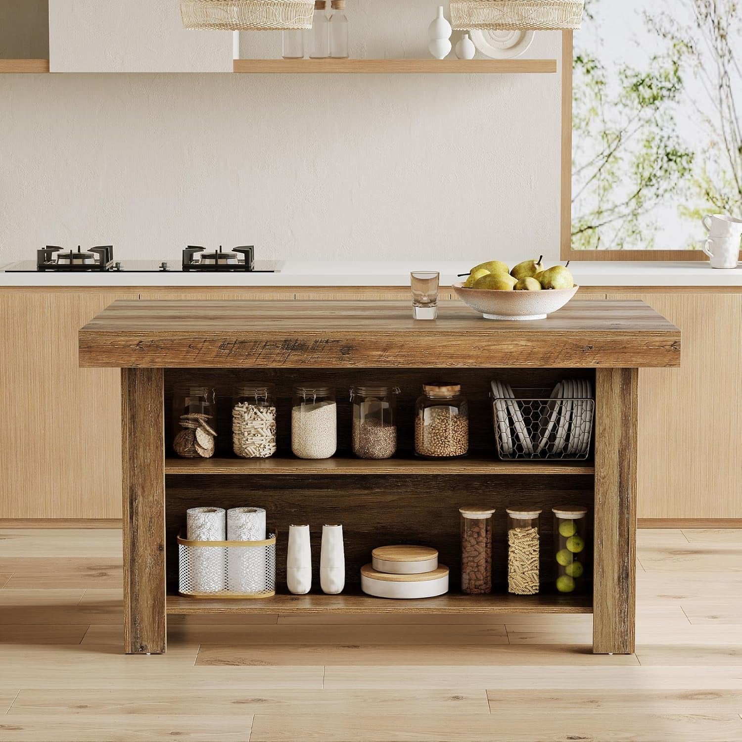55 Inches Kitchen Island with Storage, 3-Tier Farmhouse Wooden Stationary Island Table with Large Worktop & Leg Room, Modern Coffee Bar Table with Storage Shelf for Kitchen, Rustic Brown