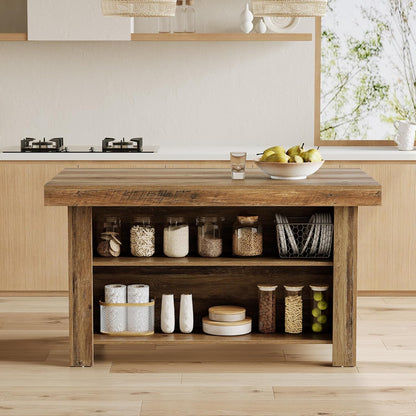 55 Inches Kitchen Island with Storage, 3-Tier Farmhouse Wooden Stationary Island Table with Large Worktop & Leg Room, Modern Coffee Bar Table with Storage Shelf for Kitchen, Rustic Brown