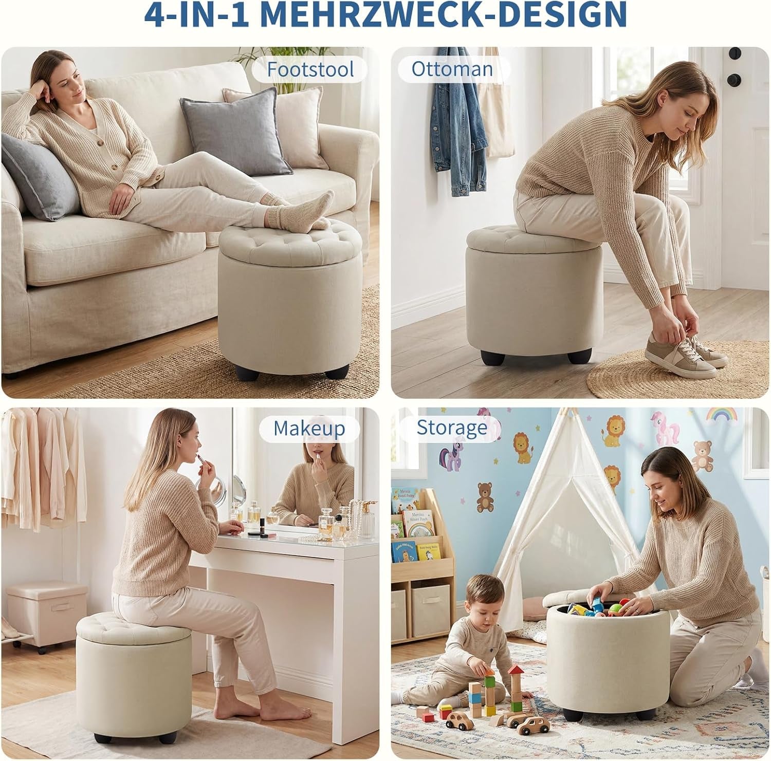 Modern round Storage Ottoman,Button Tufted Ottoman Foot Stools Ottoman Footstool with Removable Lid Storage Ottoman for Living Room, Bedroom, Makeup Room，Beige