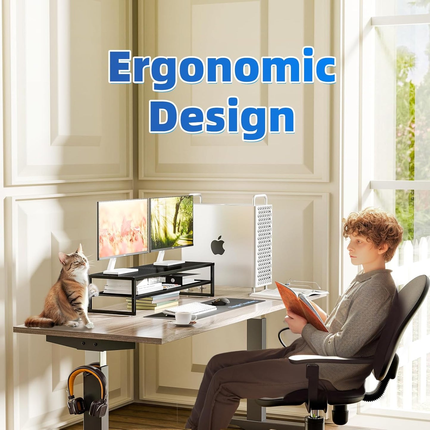 2 Tier Metal Dual Monitor Stand Riser,Computer Office Desktop Organizer for 2 Monitors with 32"X10" Mouse Pad ,For Laptop,Printer,Tv,Black