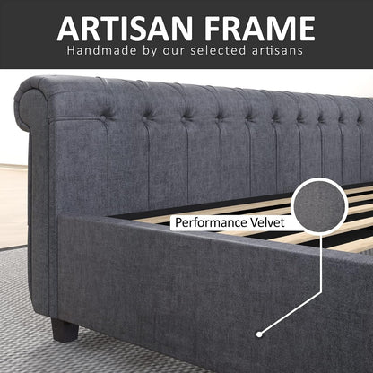 King Size Platform Bed Frame, Velvet Upholstered Sleigh Bed with Scroll Wingback Headboard & Footboard/Button Tufted/No Box Spring Required/Grey