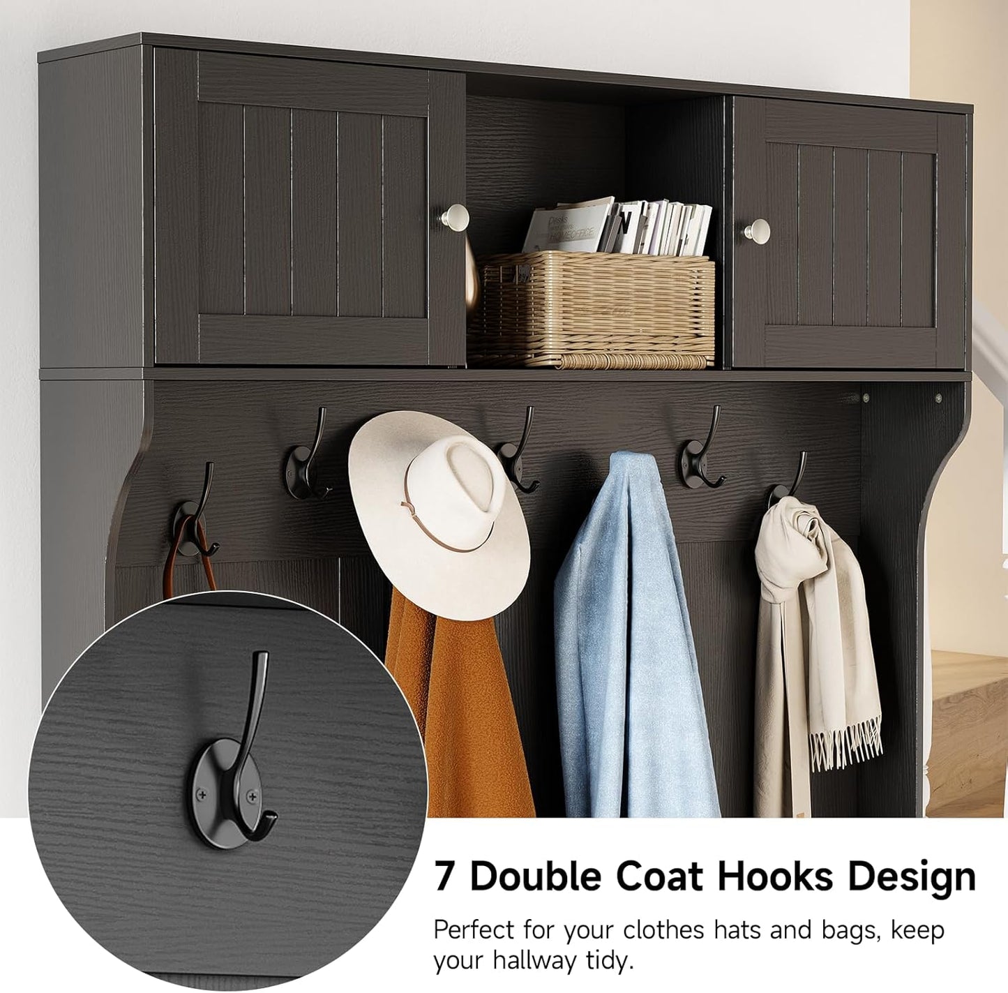 78.7" Hall Tree with Bench and Shoe Storage, Entryway Bench with Coat Rack, 10 Shoe Cubbies with Adjustable Shelves & 7 Coat Hooks for Hallway, Entryway, Black