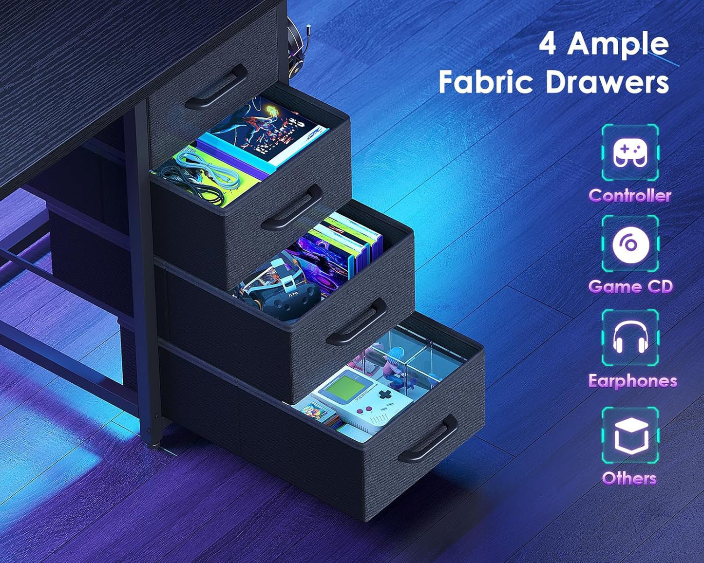 55 Inch Computer Gaming Desk with Power Outlets & 4 Drawers, Home Office Desk with Monitor Stand & Printer Shelves, Black