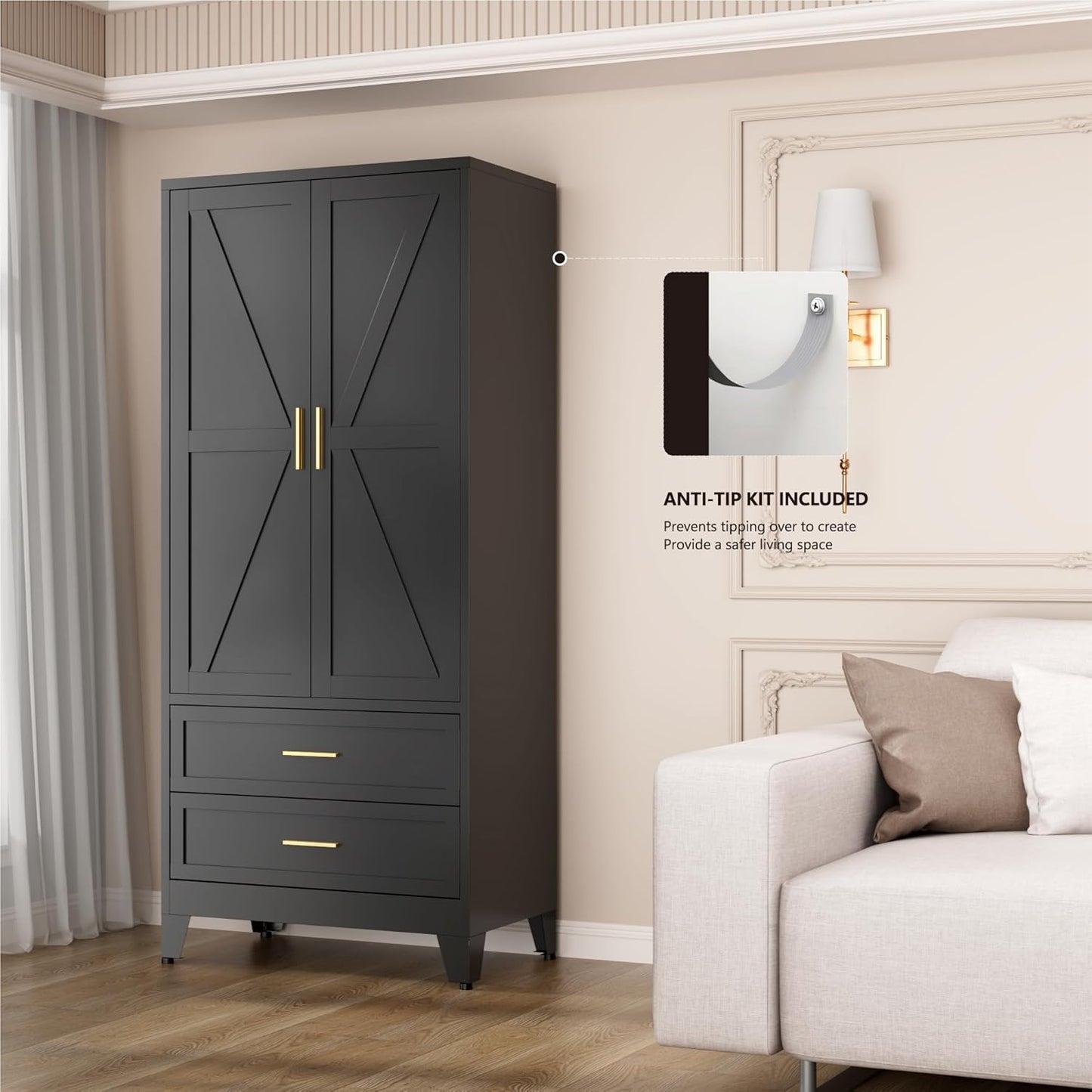 Black Metal Wardrobe Closet, Armoire Wardrobe with Two Drawers Clothes Cabinet for Bedroom, 71" Tall Farmhouse Steel Armoire Closet with Drawers and 2 Doors Clothing Storage Cabinet with Hanging Rod