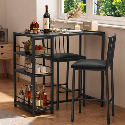 Dining Table Set for 2 with 3 Storage Shelves, Kitchen Table and Chairs for 2 with Pu Cushion Chairs & Thick Wood Top, 3 Piece Dining Table Set for Small Space, Apartment - Black