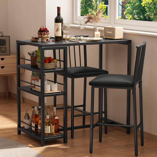 Dining Table Set for 2 with 3 Storage Shelves, Kitchen Table and Chairs for 2 with Pu Cushion Chairs & Thick Wood Top, 3 Piece Dining Table Set for Small Space, Apartment - Black