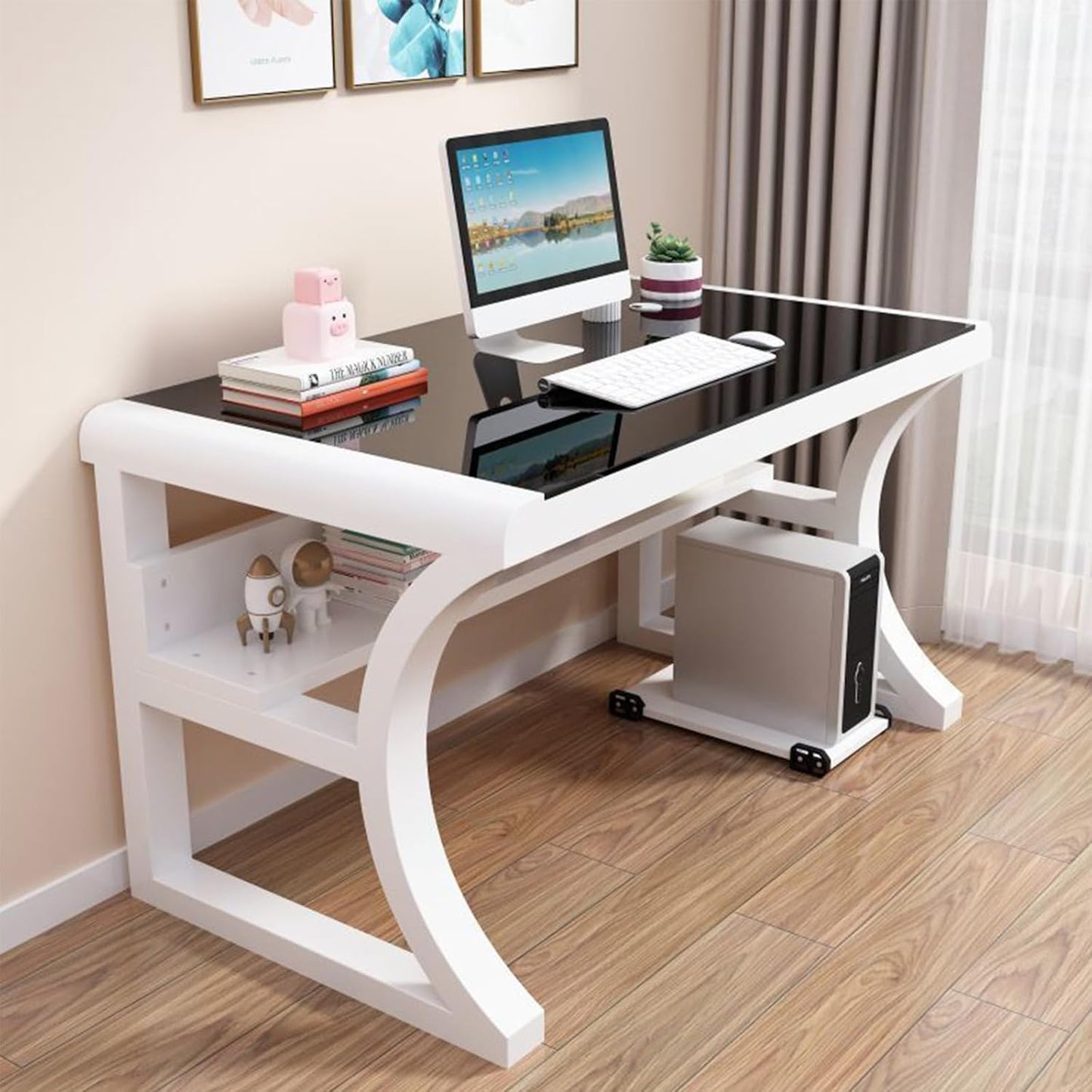 Computer Desk with Storage Shelves, Gaming Table with Tempered Glass Top and Metal Frame, Modern Simple Writing Desk Table for Home Office Workstation