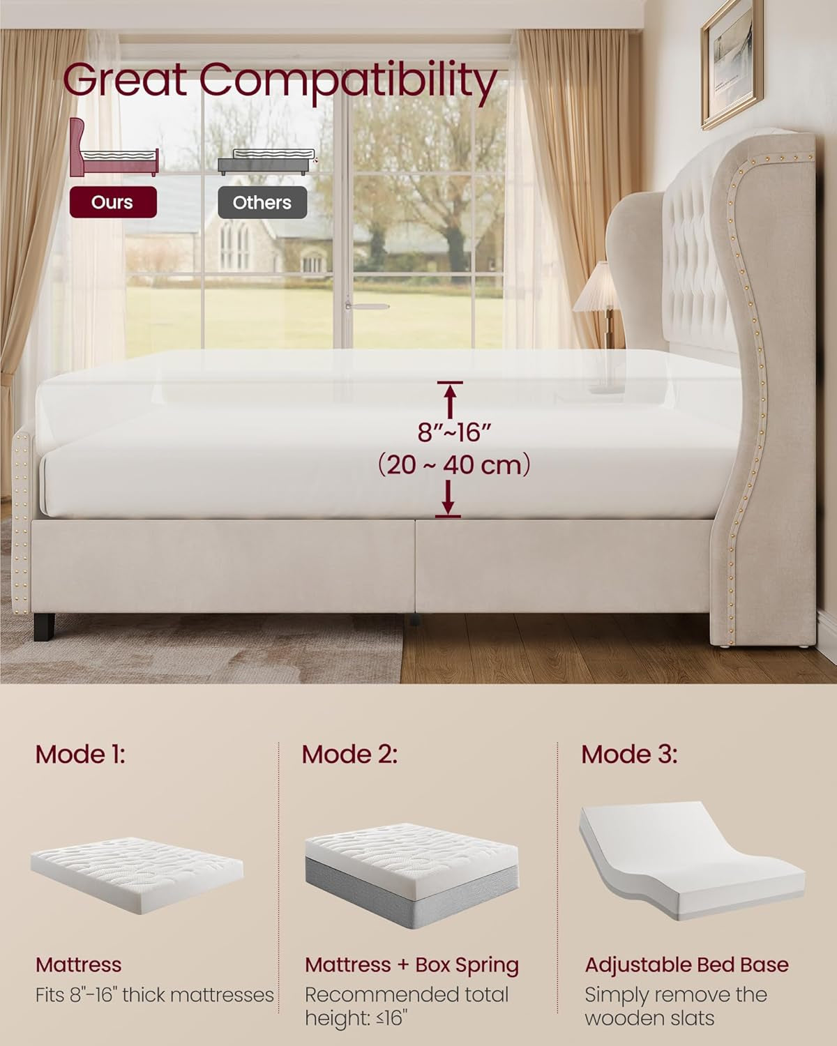 Queen Bed Frame with Tall Headboard, Upholstered Platform Bed Frame Queen Size, with Wingback Tufted Headboard and Footboard, Wooden Slats, No Box Spring Needed, Cappuccino Beige URMB881W01