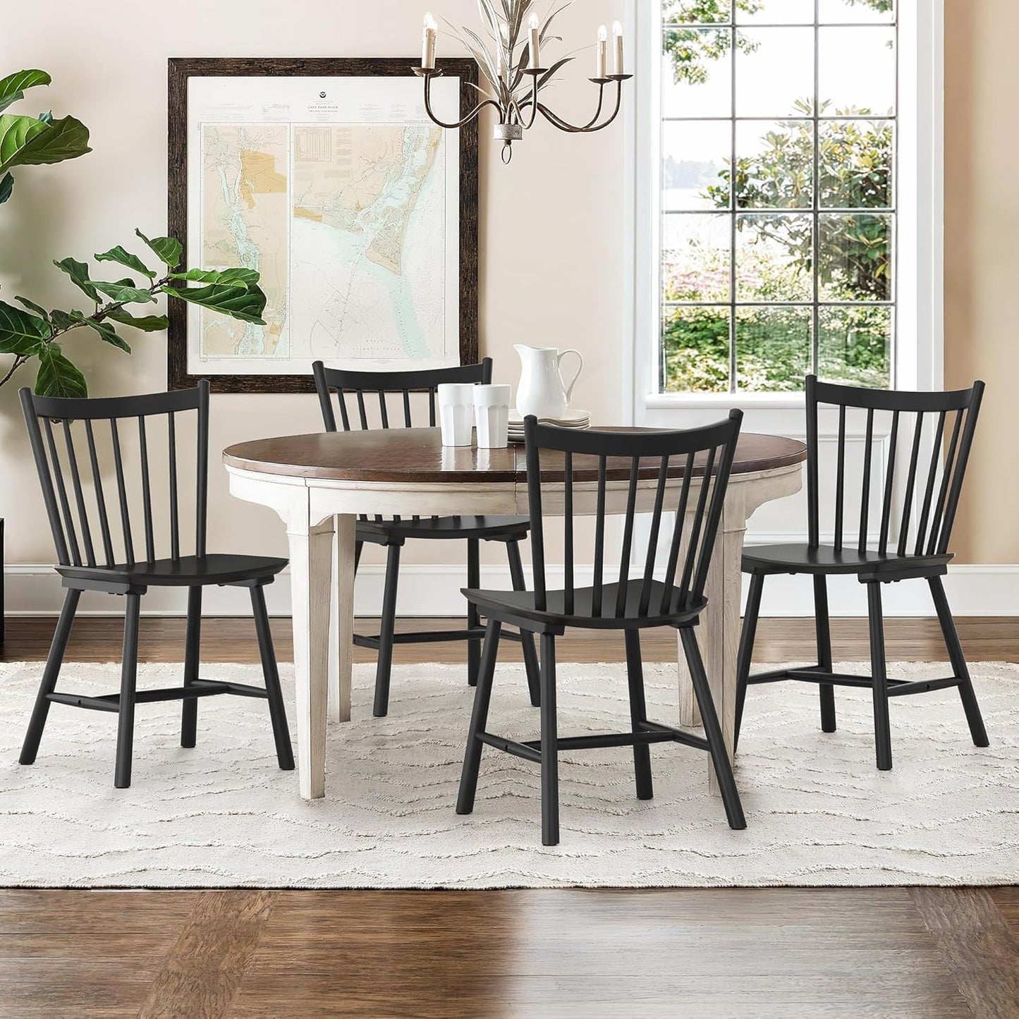 Upgraded Dining Chairs Set of 4, Farmhouse Wooden Spindle Back Kitchen Chairs, Windsor Dining Chairs for Kitchen and Dining Room, Black