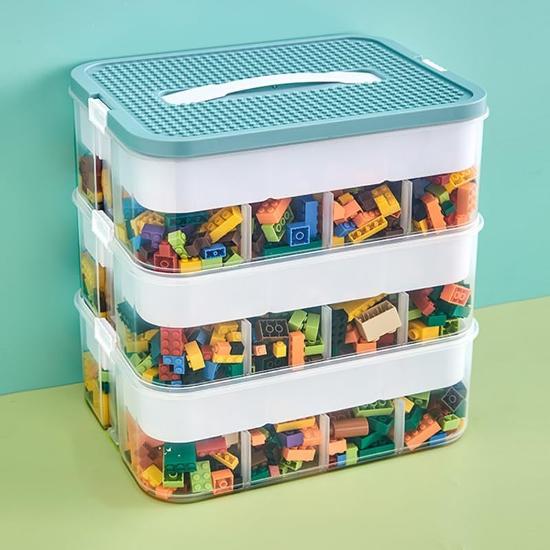 Toys Organizer Storage Case for Lego Box Kids Toy Stackable Building Blocks with Lids Bins Adjustable Lego Storage Containers Plastic Toy Box 3 Layer (Green)