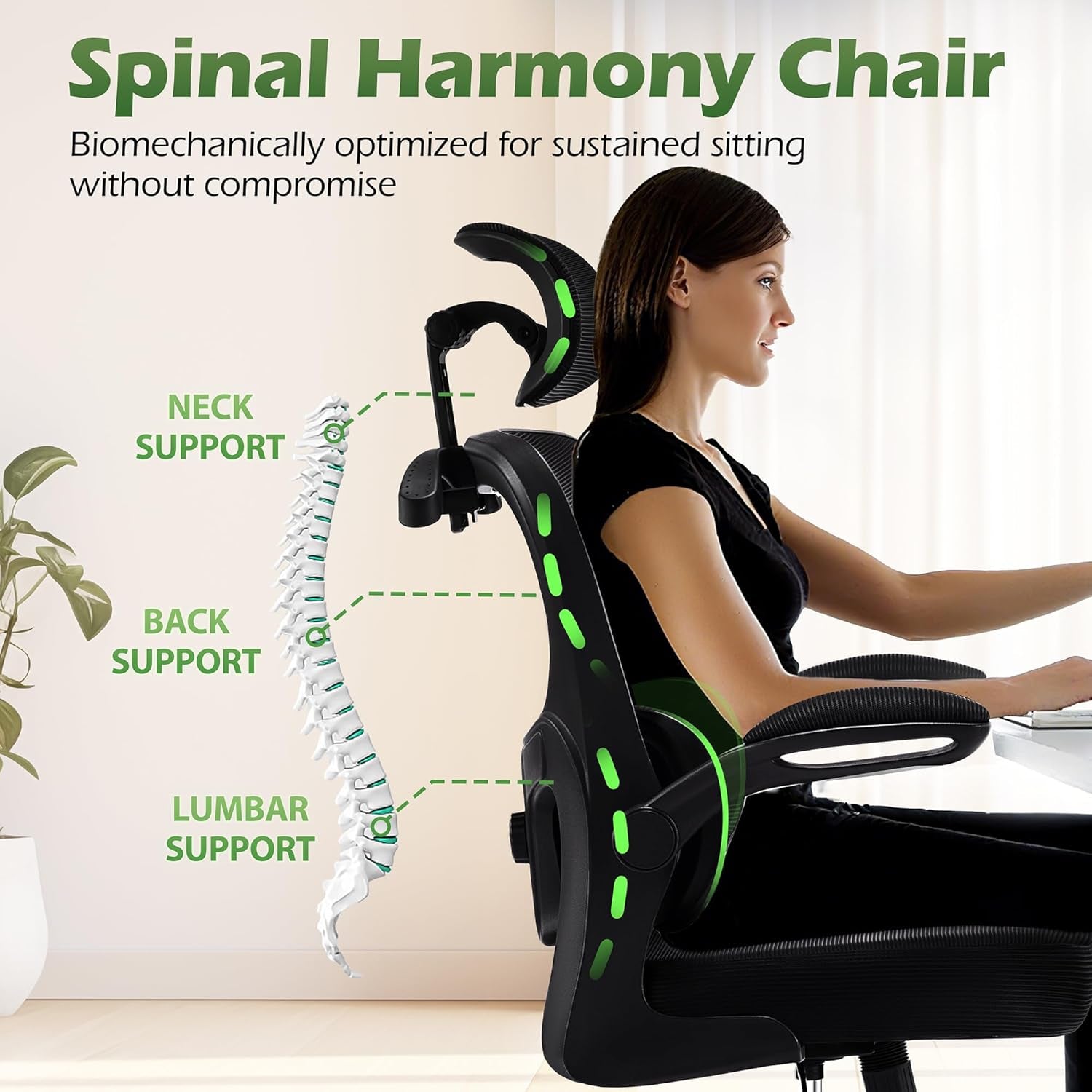 Office Chair Ergonomic Desk Chairs with Adjustable Lumbar Support& Headrest Hanger, High Back Breathable Mesh Chair with Wheels, Rolling Swivel Comfy Task Computer Chair for Home Work Gaming