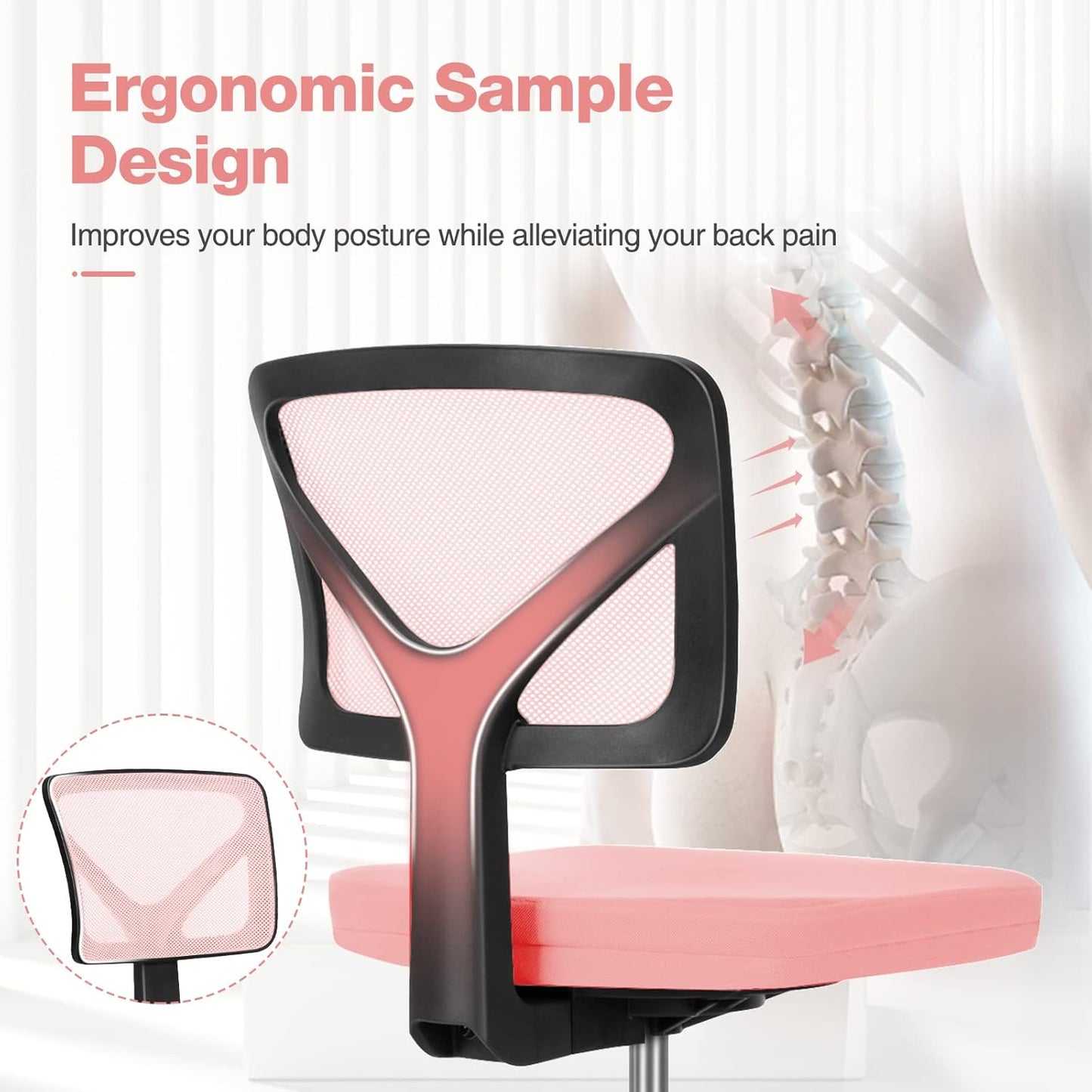 Office Computer Desk Chair, Ergonomic Low-Back Mesh Rolling Work Swivel Chairs with Wheels, Armless Comfortable Seat Lumbar Support for Home, Bedroom, Study, Student, Adults, Pink
