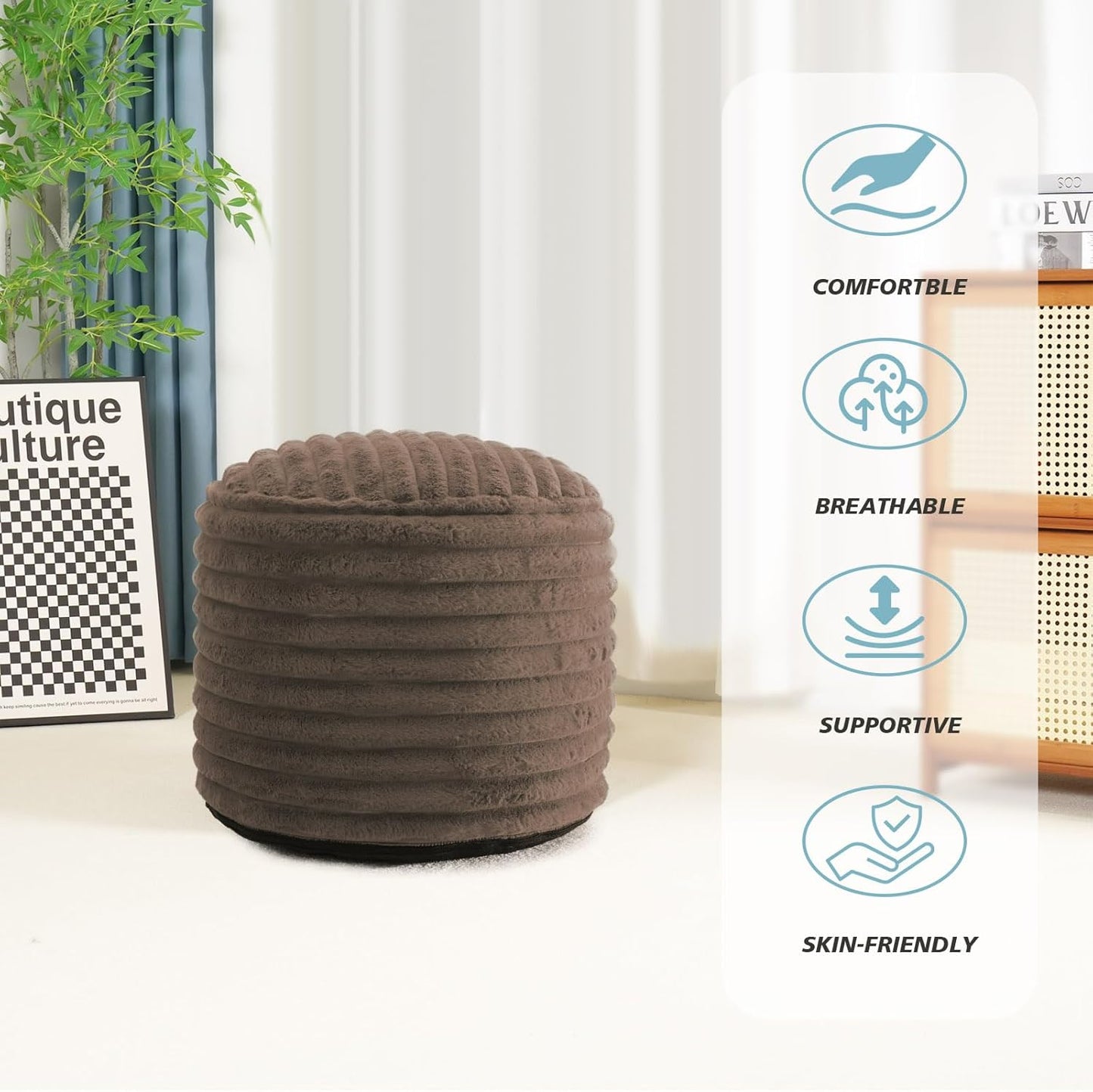 Pouf Ottoman Stuffed round for Foot Rest, Faux Fur Poufs with Foam Chunk Filling, Storage Ottoman Pouf Foot Stool Cushion, 20 X 15 Inch Floor Chair for Living Room Bedroom Home Decor, Brown