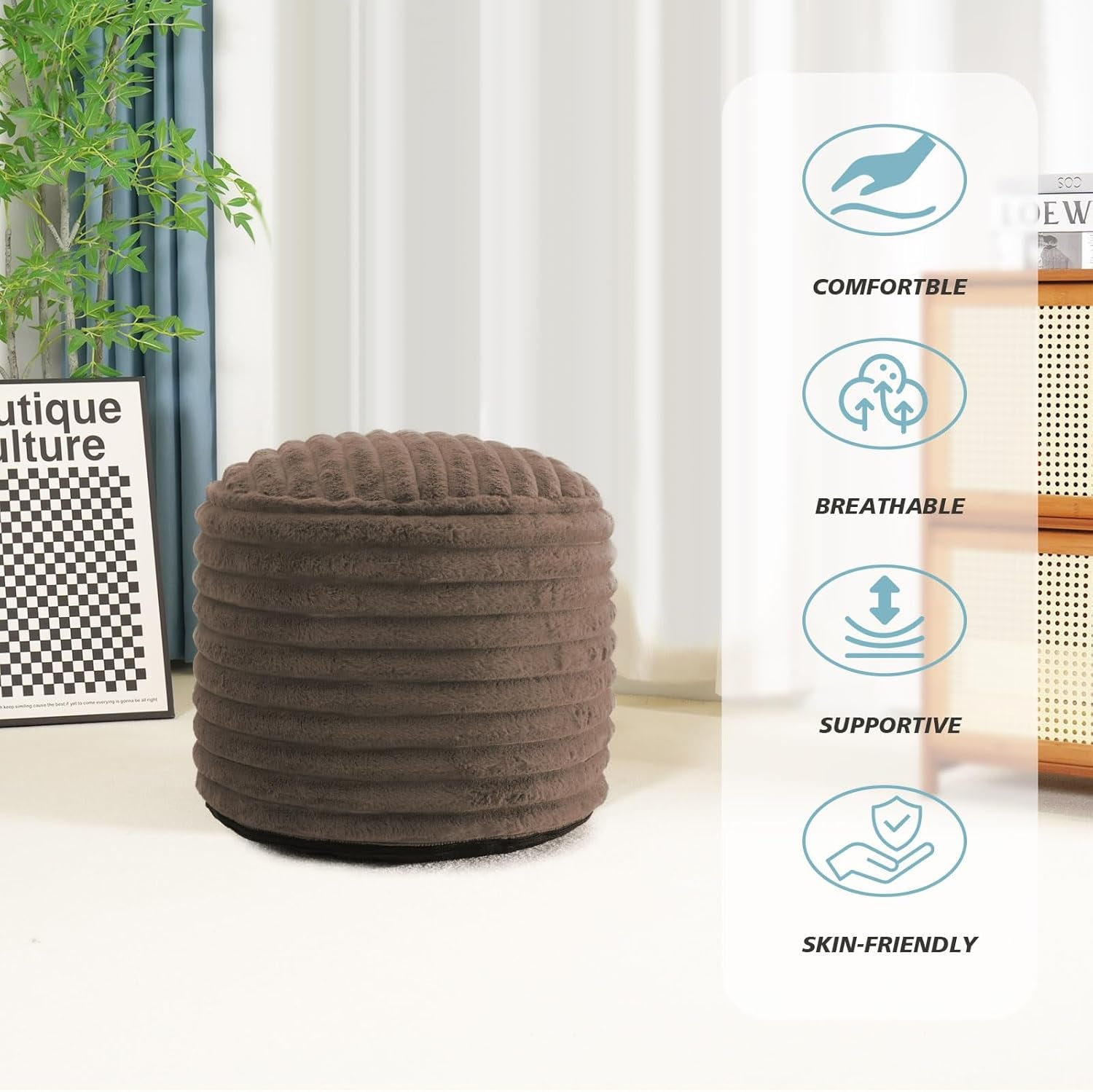 Pouf Ottoman Stuffed round for Foot Rest, Faux Fur Poufs with Foam Chunk Filling, Storage Ottoman Pouf Foot Stool Cushion, 20 X 15 Inch Floor Chair for Living Room Bedroom Home Decor, Brown