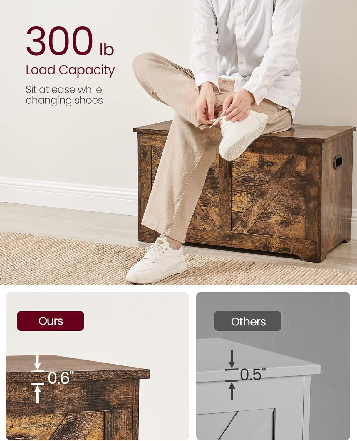 Storage Chest, Storage Trunk with 2 Safety Hinges, Storage Bench, Shoe Bench, Farmhouse Style, 15.7 X 31.5 X 18.1 Inches, for Entryway, Bedroom, Living Room, Cloud White ULSB062T14