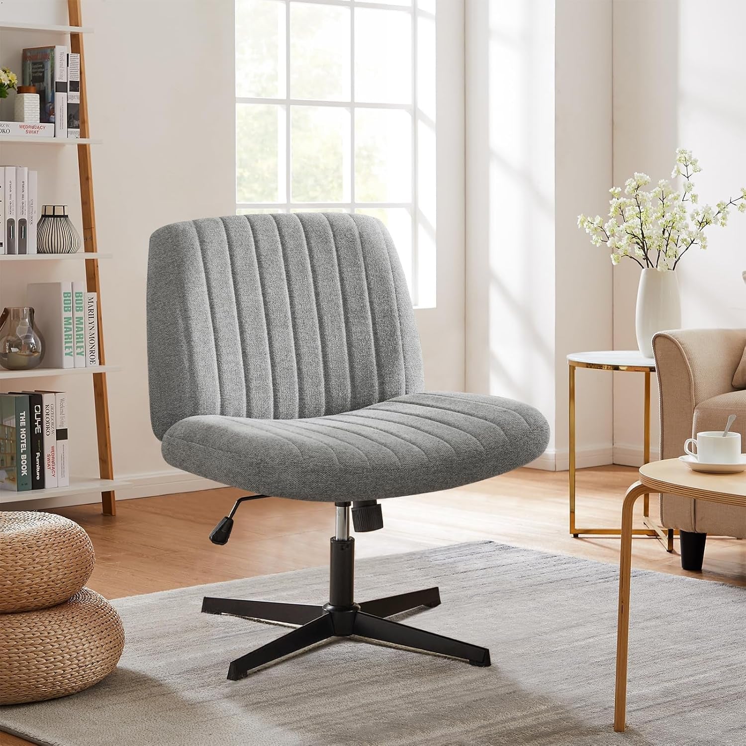 Criss Cross Chair Legged, Armless Office Wide Desk Chair No Wheels, Swivel Vanity Height Adjustable Fabric Modern Computer Task Seating for Home - Grey