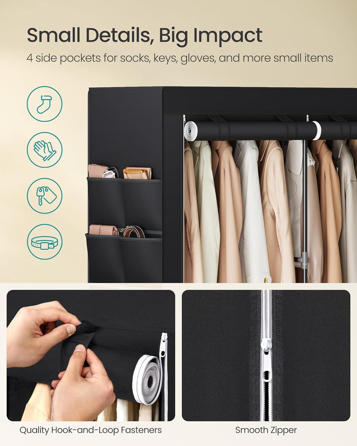 Portable Closet, Wardrobe Closet Organizer with Cover, 2 Hanging Rods and Shelves, 4 Side Pockets, 33.9 X 17.7 X 65.7 Inches, Large Capacity for Bedroom, Living Room, Ink Black URYG091B01