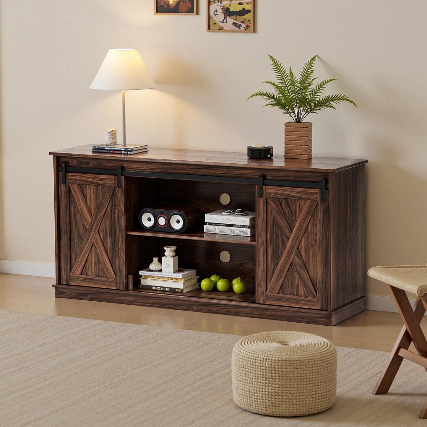 Farmhouse TV Stand 65 Inch for Living Room Bedroom Brown, Tall Entertainment Center with Storage Shelves, Media Console Cabinet with Wood Board, 300 LBS Capacity and Sliding Barn Door