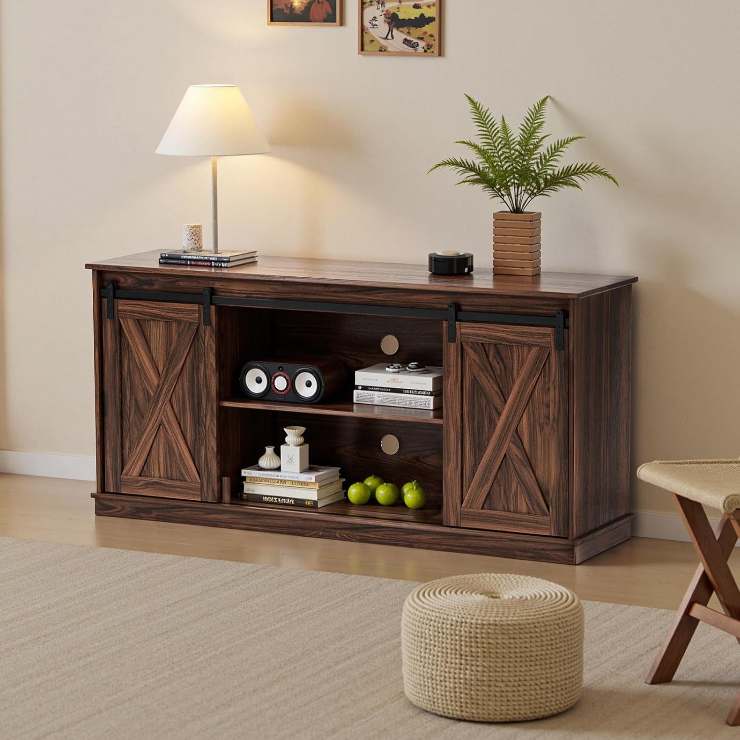 Farmhouse TV Stand 65 Inch for Living Room Bedroom Brown, Tall Entertainment Center with Storage Shelves, Media Console Cabinet with Wood Board, 300 LBS Capacity and Sliding Barn Door