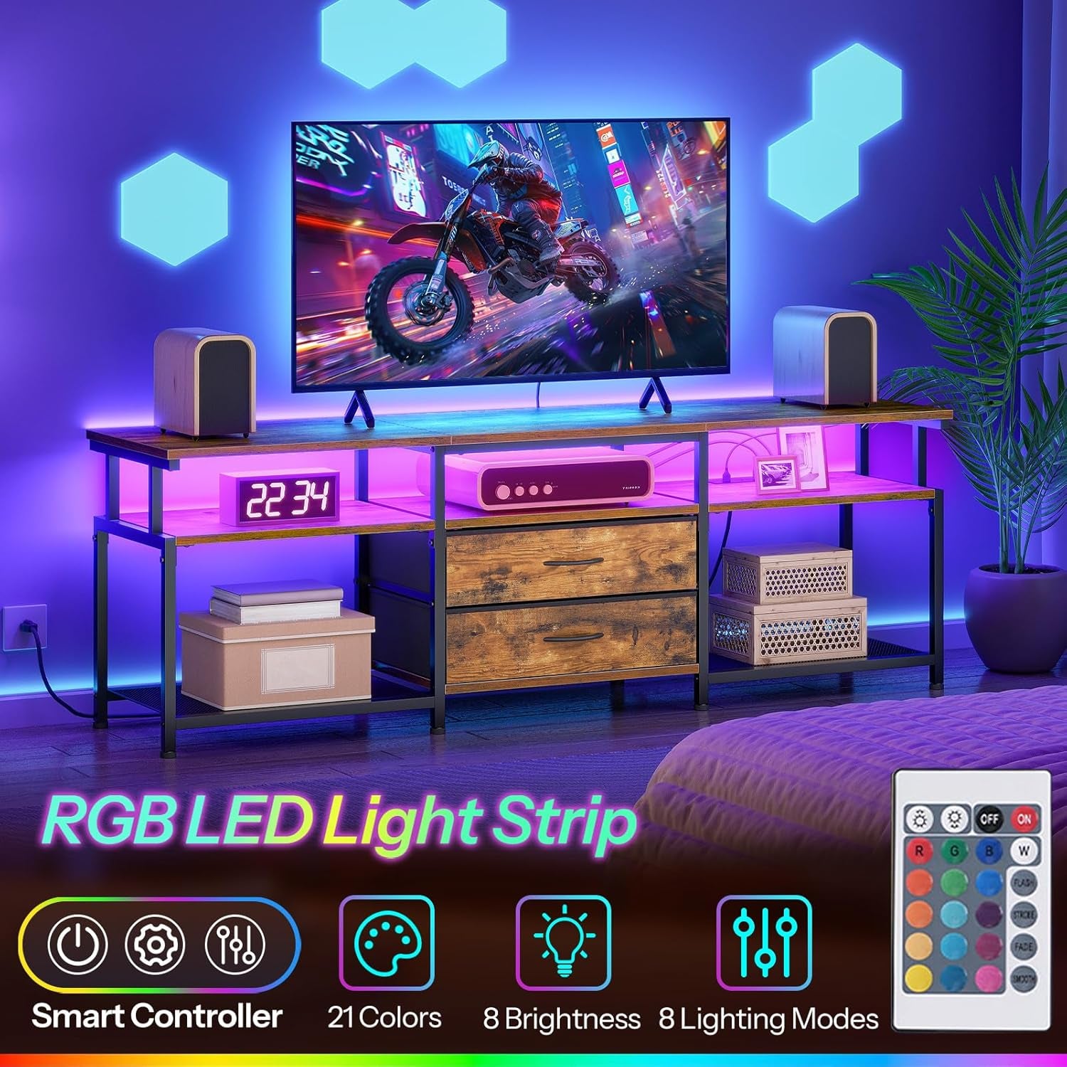 TV Stand with Power Outlet and LED Light, Entertainment Center for Tvs up to 75 Inch, Modern Media Console Table with 2 Non-Woven Drawers, for Living Room, Bedroom, Rustic Brown BF55UDDS01