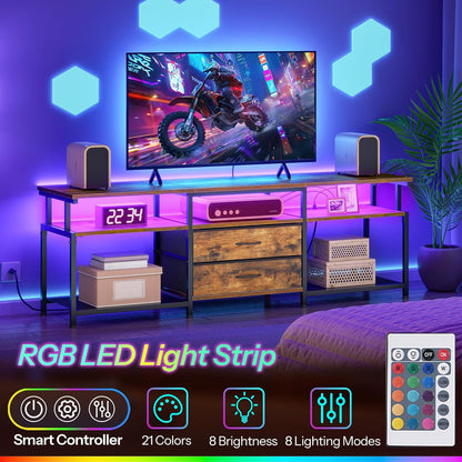 TV Stand with Power Outlet and LED Light, Entertainment Center for Tvs up to 75 Inch, Modern Media Console Table with 2 Non-Woven Drawers, for Living Room, Bedroom, Rustic Brown BF55UDDS01