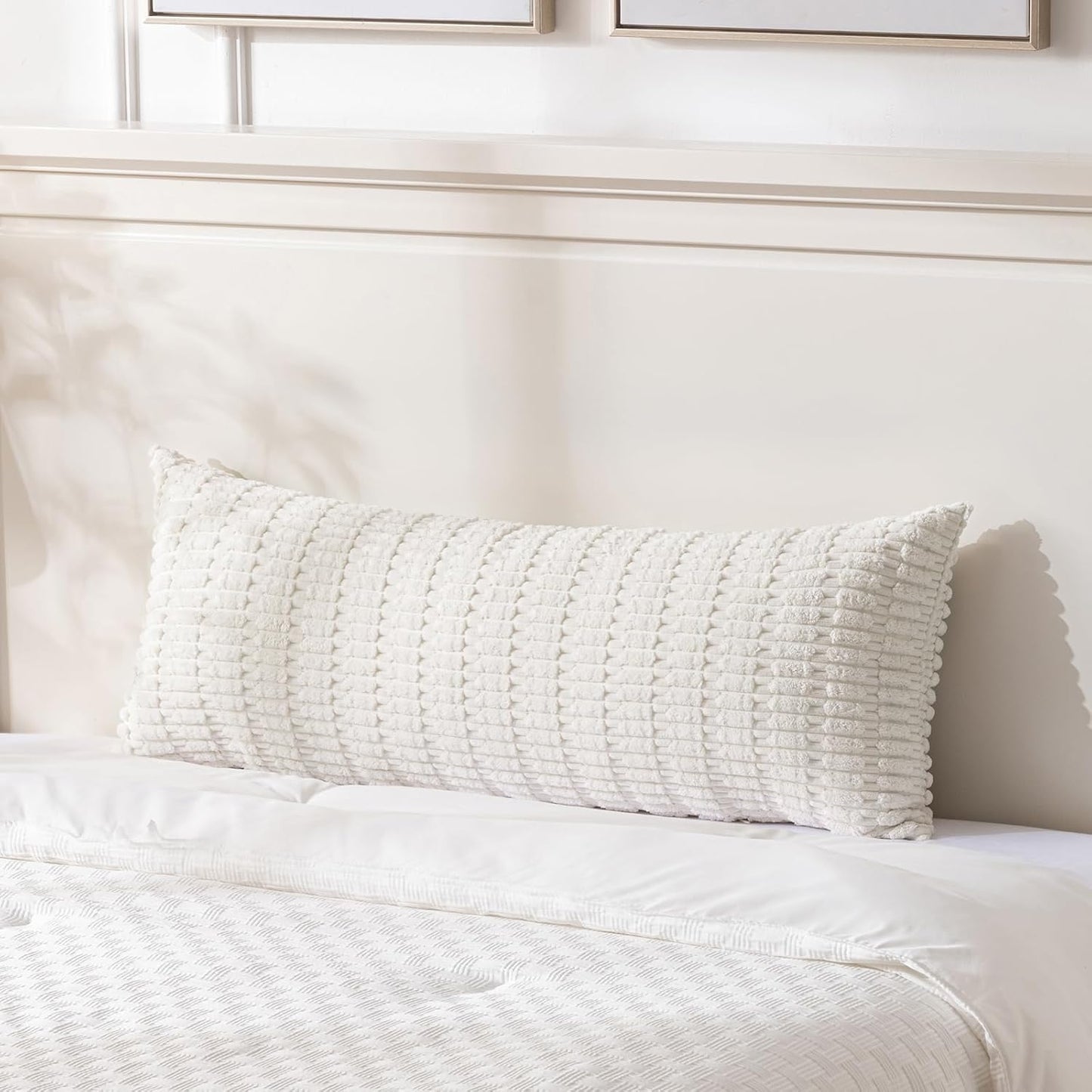 Cream Boho Long Body Lumbar Decorative Throw Pillow Cover 14X36 Inch for Bed Couch Bedroom Bench, Soft Corduroy Rectangle Solid Pillow Case 35X91 Cm, Rustic Farmhouse Room Decor