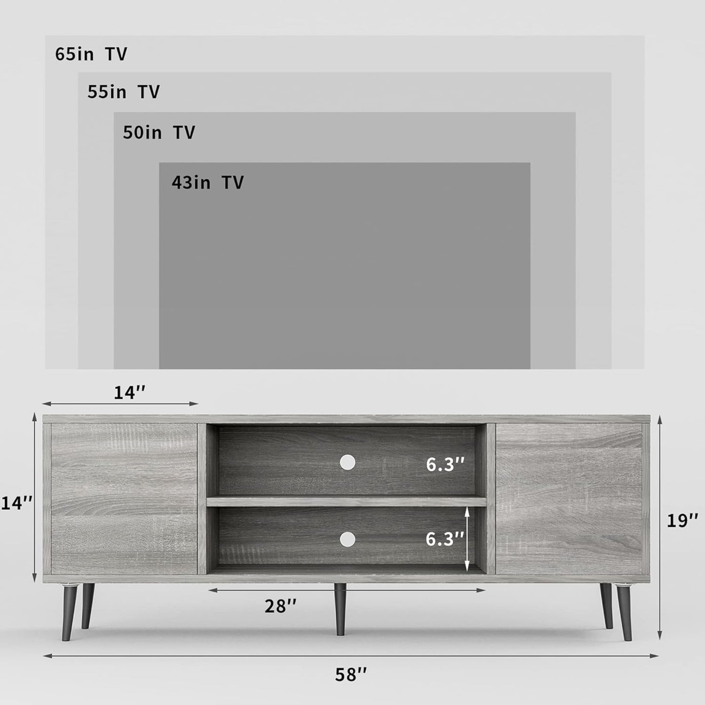 TV Stand for 65 Inch TV, Mid Century Modern TV Stand, Entertainment Center with Storage Cabinet and Open Shelves, TV Console Table Media Cabinet for Living Room, and Bedroom (Gray)