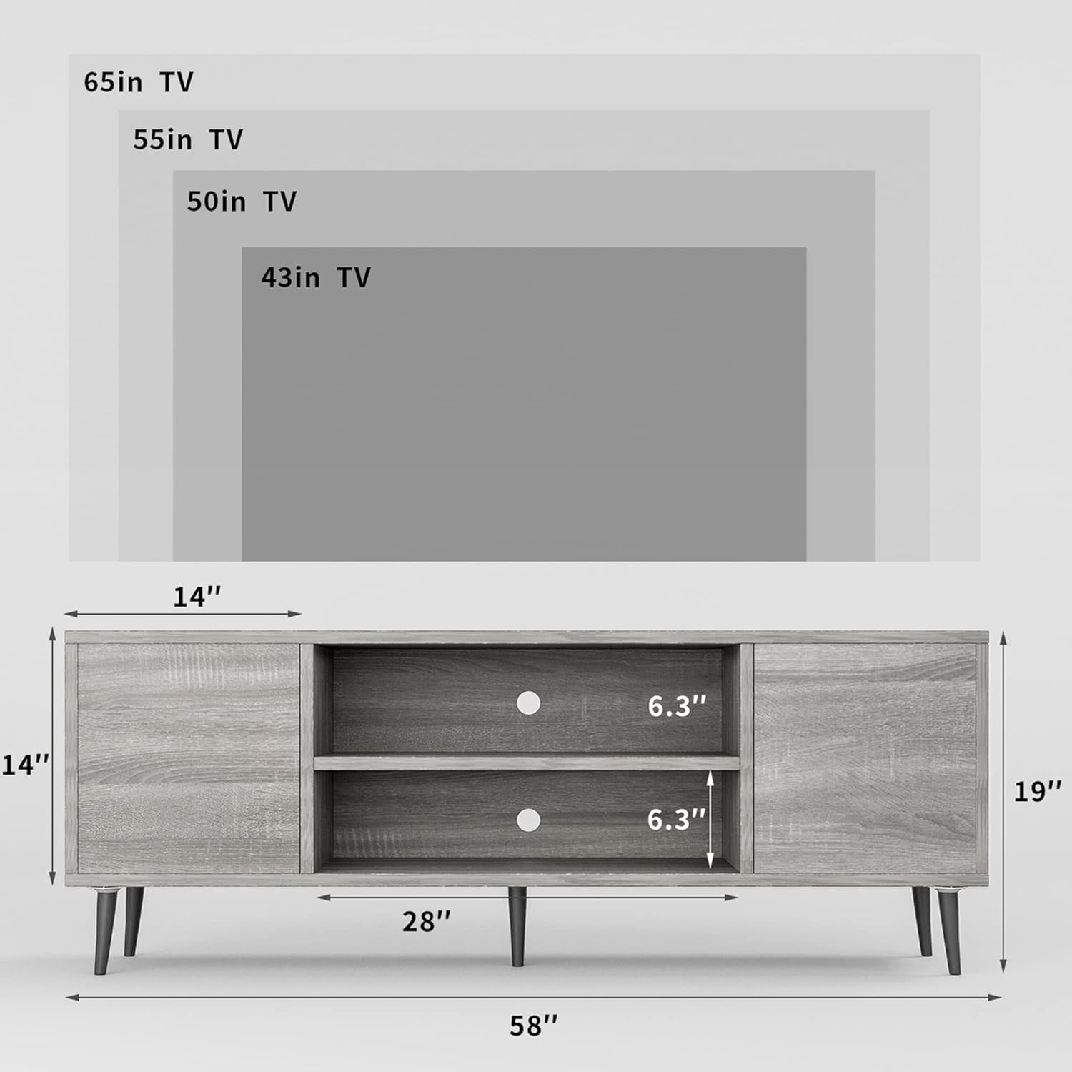 TV Stand for 65 Inch TV, Mid Century Modern TV Stand, Entertainment Center with Storage Cabinet and Open Shelves, TV Console Table Media Cabinet for Living Room, and Bedroom (Gray)