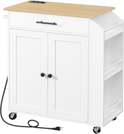Kitchen Island with Power Outlet, Kitchen Storage Island with Spice Rack and Drawer, Rolling Kitchen on Wheels, for Home, Dining Room, Natural and White
