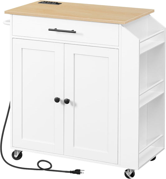 Kitchen Island with Power Outlet, Kitchen Storage Island with Spice Rack and Drawer, Rolling Kitchen on Wheels, for Home, Dining Room, Natural and White